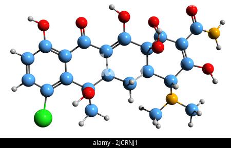 3D image de la formule squelettique de chlortétracycline - structure chimique moléculaire de l'antibiotique de tétracycline isolé sur fond blanc Banque D'Images