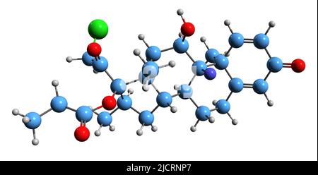 3D image de formule squelettique de propionate de Clobetasol - structure chimique moléculaire de corticostéroïde isolé sur fond blanc Banque D'Images