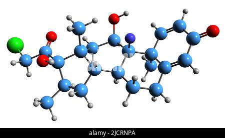 3D image de la formule squelettique de Clobetasol - structure chimique moléculaire du corticostéroïde isolé sur fond blanc Banque D'Images