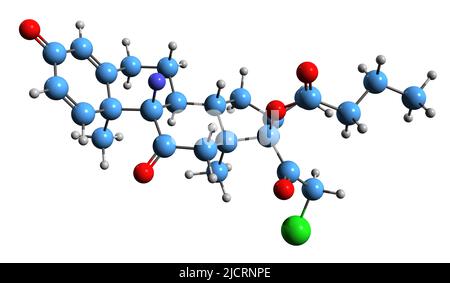 3D image de la formule squelettique de Clobetasone butyrate - structure chimique moléculaire du corticostéroïde isolé sur fond blanc Banque D'Images