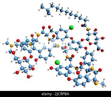 3D image de la formule squelettique de la Dalbavancine - structure chimique moléculaire de l'antibiotique lipoglycopeptide isolé sur fond blanc Banque D'Images