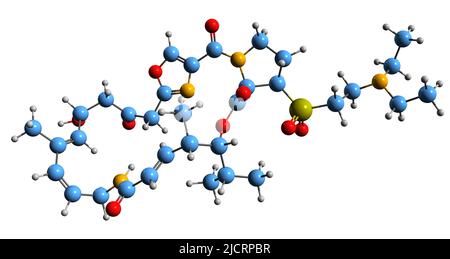 3D image de la formule squelettique de la dalfopristine - structure chimique moléculaire de l'antibiotique de la streptogramine isolé sur fond blanc Banque D'Images