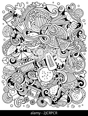 Illustration de gribouillages à dessin main de fastfood. Affiche de restauration rapide. Banque D'Images