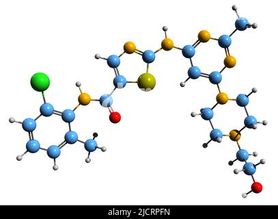 3D image de la formule squelettique du dasatinib - structure chimique moléculaire du médicament thérapeutique ciblé isolé sur fond blanc Banque D'Images