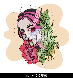 Belle fille de style Chicano, avec un tatouage, des roses dans ses cheveux, un oiseau sur son cou, un ruban avec une signature, des bijoux sur son visage, piercing Illustration de Vecteur