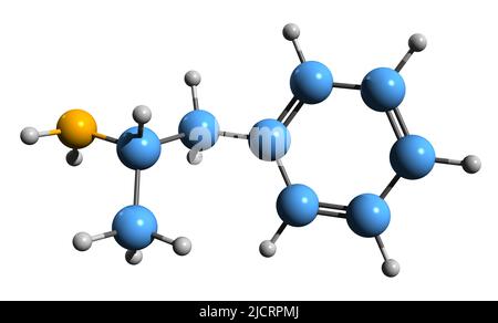 3D image de la formule squelettique de Dextroamphétamine - structure chimique moléculaire du stimulant isolé sur fond blanc Banque D'Images