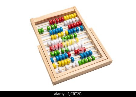 École abacus avec des perles colorées isolées et coupées sur fond blanc de couleur.Calculer, compter, classe mathématique enfant Banque D'Images