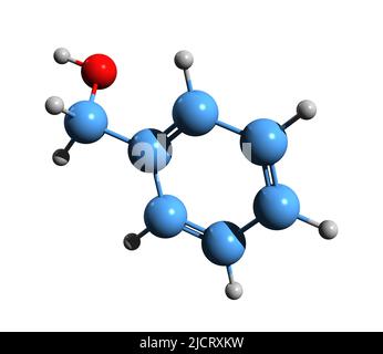 3D image de l'alcool benzylique, formule squelettique E1519 - structure chimique moléculaire du phénylméthanol isolé sur fond blanc Banque D'Images