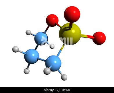 3D image de la formule squelettique du propane sultone - structure chimique moléculaire de l'oxathiolane isolée sur fond blanc Banque D'Images