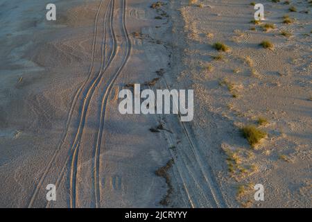 Marques de pneus sur la plage de Tybee Island, géorgie Banque D'Images