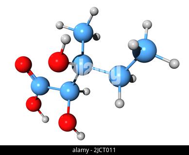 3D image de la formule squelettique de l'acide 2,3-dihydroxy-3-méthylpentanoïque - structure chimique moléculaire de l'intermédiaire du métabolisme de l'isoleucine isolé sur Banque D'Images