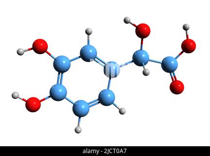 3D image de la formule squelettique à l'acide 3,4-dihydroxymandélique - structure chimique moléculaire de DOMA isolée sur fond blanc Banque D'Images