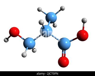 3D image de la formule squelettique de l'acide 3-hydroxyisobutyrique - structure chimique moléculaire de l'acide 3-hydroxy-2-méthylpropanoïque isolé sur fond blanc Banque D'Images