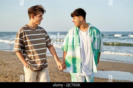 Couple gay heureux marchant le long de la plage ensemble Banque D'Images