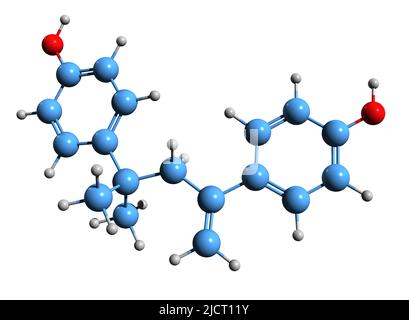 3D image de la formule squelettique 4-Methyl-2,4-bis(4-hydroxyphényl)pent-1-ène - structure chimique moléculaire du MBP isolé sur fond blanc Banque D'Images