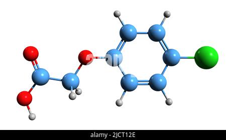 3D image de la formule squelettique de l'acide 4-chlorophénoxyacétique - structure chimique moléculaire du PCPA isolé sur fond blanc Banque D'Images