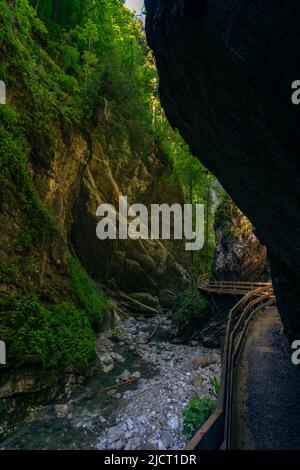 im Alploch in Dornbirn führt ein Steg durch die enge Schlucht. Stimmungsvoller Blick, mit bauem Wasser und grünen Pflanzen zwischen den harten Felsen Banque D'Images