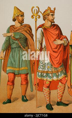 Grande-Bretagne (500-1000). Anglo-Saxons. De gauche à droite : le chef militaire et le roi en 966. Chromolithography. 'Historia Universal' (Histoire universelle), par César Cantú. Volume IV Publié à Barcelone, 1881. Banque D'Images