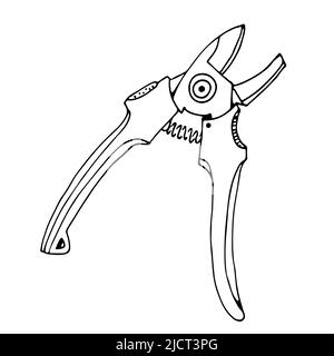 Sécateur, outil de jardin, illustration vectorielle dessinée à la main, isolée sur fond blanc Illustration de Vecteur