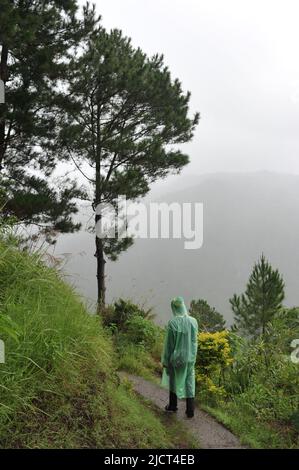 Province de montagne, Philippines : un guide local portant un imperméable vert emmène les touristes sur le chemin des chutes de Bomod-ok. Journée brumeuse dans les montagnes de Sagada. Banque D'Images