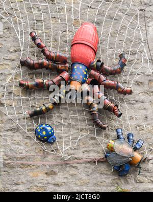 Une entrée précoce pour le festival de Flowerpot de cette année (2022). Une araignée sur une toile approchant des insectes y compris une belle 'nouvelle' mouche en bas à droite. Banque D'Images