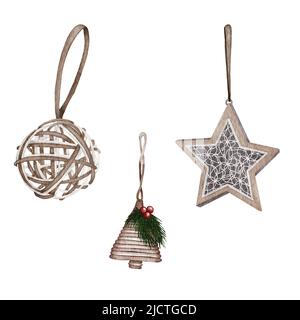 Ensemble d'arbres de Noël à motif aquarelle. Décorations d'arbres de ferme. Jouets en verre et en bois. Banque D'Images