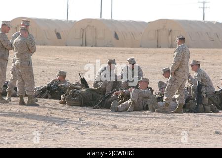 Les Marines des États-Unis avec 1st Bataillon, 8th Marine Regiment (1/8), 2D Marine Division, mettent leur équipement à bord du Camp Wilson, Marine corps Air Ground combat ce Banque D'Images