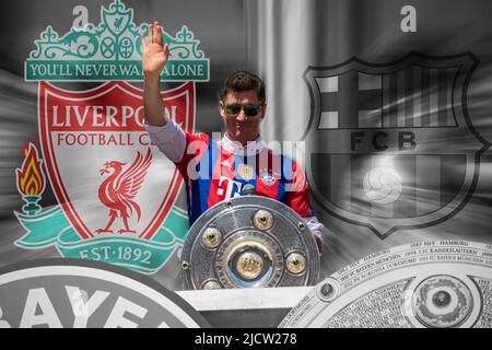 Munich, Allemagne. 16th juin 2022. Photo d'image symbolique : Robert Lewandowski pourrait bientôt s'installer au FC Barcelone ou au FC Liverpool. Description originale : Robert Lewandowski fait ses adieux lors de la célébration du championnat du FC Bayern Munich dans la mairie de Munich, en Allemagne, sur 15 mai 2022. Le FC Bayern vient de remporter la Bundesliga consécutive en 10th, un record. (Photo par Alexander Pohl/Sipa USA) crédit: SIPA USA/Alay Live News Banque D'Images
