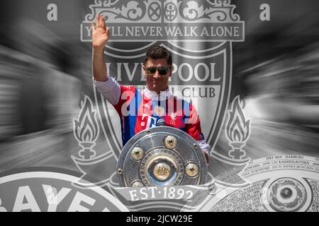 Munich, Allemagne. 16th juin 2022. Photo symbolique : Robert Lewandowski pourrait bientôt s'installer à Liverpool FC. Description originale : Robert Lewandowski fait ses adieux lors de la célébration du championnat du FC Bayern Munich dans la mairie de Munich, en Allemagne, sur 15 mai 2022. Le FC Bayern vient de remporter la Bundesliga consécutive en 10th, un record. (Photo par Alexander Pohl/Sipa USA) crédit: SIPA USA/Alay Live News Banque D'Images