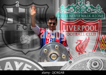 Munich, Allemagne. 16th juin 2022. Photo d'image symbolique : Robert Lewandowski pourrait bientôt s'installer au FC Barcelone ou au FC Liverpool. Description originale : Robert Lewandowski fait ses adieux lors de la célébration du championnat du FC Bayern Munich dans la mairie de Munich, en Allemagne, sur 15 mai 2022. Le FC Bayern vient de remporter la Bundesliga consécutive en 10th, un record. (Photo par Alexander Pohl/Sipa USA) crédit: SIPA USA/Alay Live News Banque D'Images