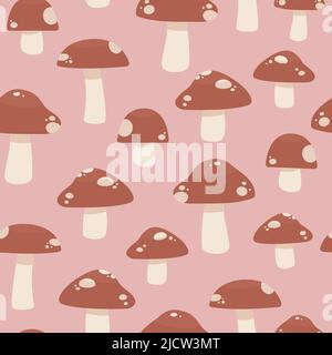 Joli motif vectoriel sans couture en forme de champignon. Illustration de dessin animé puérile, simple et minimaliste, dans des tons doux rose et rouge. Répéter l'impression en arrière-plan. Illustration de Vecteur