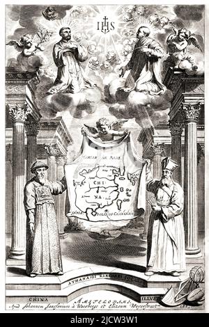 1600 CA , ITALIE : le mathématicien italien , cartographe et sinologue Padre MATTEO RICCI ( 1552 - 1610 ) avec PAULUS LI . Le père Matteo Ricci était un prêtre jésuite italien et l'un des personnages fondateurs des missions jésuites en Chine . Sa carte du monde de 1602 en caractères chinois a introduit les conclusions de l'exploration européenne en Asie de l'est. Portrait gravé en 1667 par Athanasius Kircher ( 1602 - 1680 ). - RELIGIONE CATTOLICA - RELIGION CATHOLIQUE - MISSIONARIO - MISSIONI CATTOLICHE - GESUITA - MATEMATICA - MATEMATICO - CARTOGRAFO - CARTOGRAFIA - ESPLORAZIONE IN CINA - ORDINE DEI GESUITI - Banque D'Images