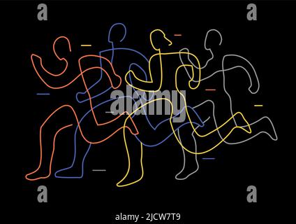 Course à pied, jogging, art stylisé. Illustration d'un groupe de coureurs. Conception de dessin en ligne continue. Isolé sur fond noir. Illustration de Vecteur