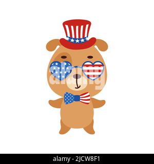 Joli petit chien aux USA chapeau et verres patriotes. T-shirt à motif animal pour enfants, décoration, douche de bébé, carte de vœux, invitation, maison Illustration de Vecteur