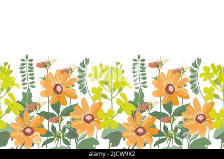 Motif fleuri vectoriel sans couture, bordure. Illustration panoramique horizontale avec fleurs jaunes et orange isolées sur fond blanc. Illustration de Vecteur