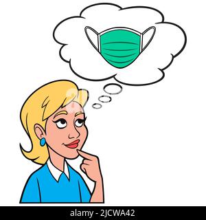 Fille penser à un masque médical de visage - Une illustration de dessin animé d'une fille penser à des effets secondaires de porter un masque médical de visage. Illustration de Vecteur