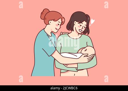 Bonne infirmière et jeune mère tenant le nouveau-né sur les mains. Maman souriante rencontre enfant bébé ont le confort du médecin. Concept de maternité. Illustration vectorielle plate. Illustration de Vecteur