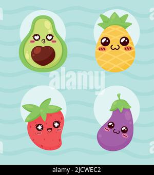 quatre icônes de fruits et légumes kawaii Illustration de Vecteur