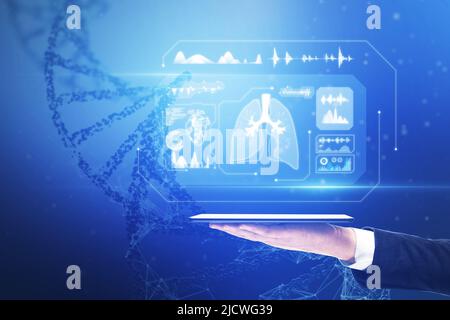 Technologie de bio-ingénierie et concept de dossier médical électronique avec organes du corps et indicateurs médicaux sur écran virtuel au-dessus de la tablette numérique sur l'homme Banque D'Images