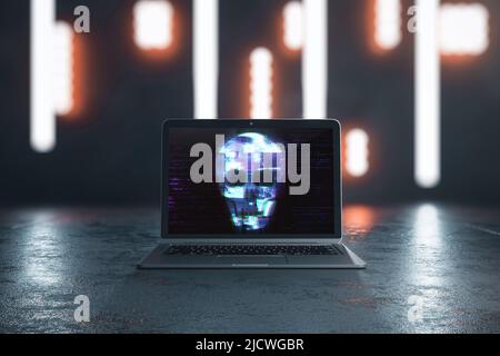 Attaque de hacker et concept antivirus avec crâne graphique numérique sur écran d'ordinateur portable sur sol en béton à l'arrière-plan abstrait. 3D rendu Banque D'Images