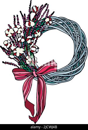 Couronne peinte à la main avec fleurs et brindilles. Pour les cartes de Noël et le motif hiver. Couronne vectorielle sur fond blanc. Illustration de Vecteur