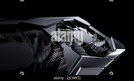 3d rendu de carte graphique ou vidéo moderne pour gamer ou crypto minière avec des bords durs et des ventilateurs conception industrielle avec noir sombre élégant éclairage et Banque D'Images