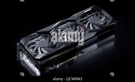 3d rendu de carte graphique ou vidéo moderne pour gamer ou crypto minière avec des bords durs et des ventilateurs conception industrielle avec noir sombre élégant éclairage et Banque D'Images