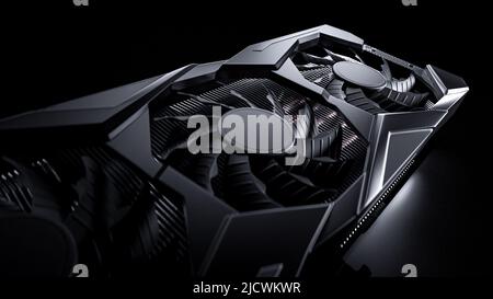 3d rendu de carte graphique ou vidéo moderne pour gamer ou crypto minière avec des bords durs et des ventilateurs conception industrielle avec noir sombre élégant éclairage et Banque D'Images