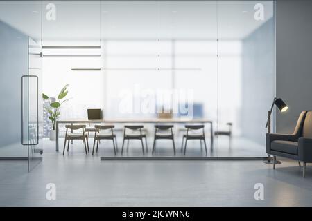 Vue sur le mur en verre mat d'une salle de conférence spacieuse avec mobilier confortable dans le bureau, sol en béton et fauteuil élégant. 3D rendu Banque D'Images