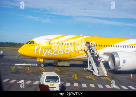 Coolangatta - Australie -13 juin 2022; avion de la compagnie aérienne Flyscooot en jaune vif à l'aéroport tandis que le passager embarque avec l'équipage à la porte en haut de l'embarquement Banque D'Images