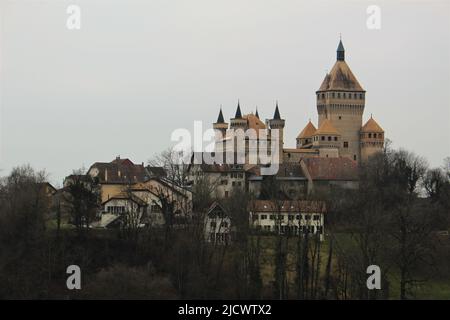 Château de Vufflens (Château de Vufflen) vu de loin par une journée de brouillard en hiver (Vufflen, Vaud, Suisse) Banque D'Images