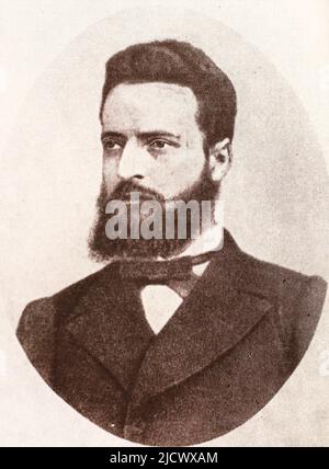 Portrait de Hristo Botev. Hristo Botev (1848 - 1876) était un révolutionnaire et poète bulgare. Botev est considéré par les Bulgares comme une figure historique symbolique et un héros national. Sa poésie est un excellent exemple de la littérature du renouveau national bulgare, bien qu'il soit considéré comme devant ses contemporains dans ses vues politiques, philosophiques et esthétiques. Banque D'Images