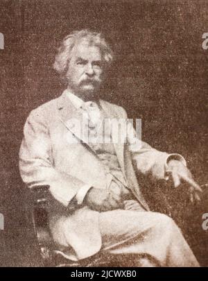 Portrait de Mark Twain. Samuel Langhorne Clemens (1835 – 1910), connu sous le nom de Mark Twain, est un écrivain, humoriste, entrepreneur, éditeur et conférencier américain. Il a été salué comme le « plus grand humoriste que les États-Unis ont produit », et William Faulkner l'a appelé « le père de la littérature américaine ». Ses romans comprennent les aventures de Tom Sawyer (1876) et sa suite, les aventures de Huckleberry Finn (1884), dont le dernier a souvent été appelé le "Grand roman américain". Banque D'Images
