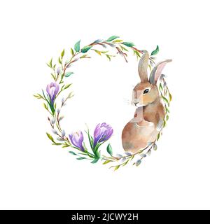 Couronne fleurie printanière avec adorable lapin isolé sur fond blanc. Crocus, branches de saule aquarelle peint à la main illustration botanique. Banque D'Images